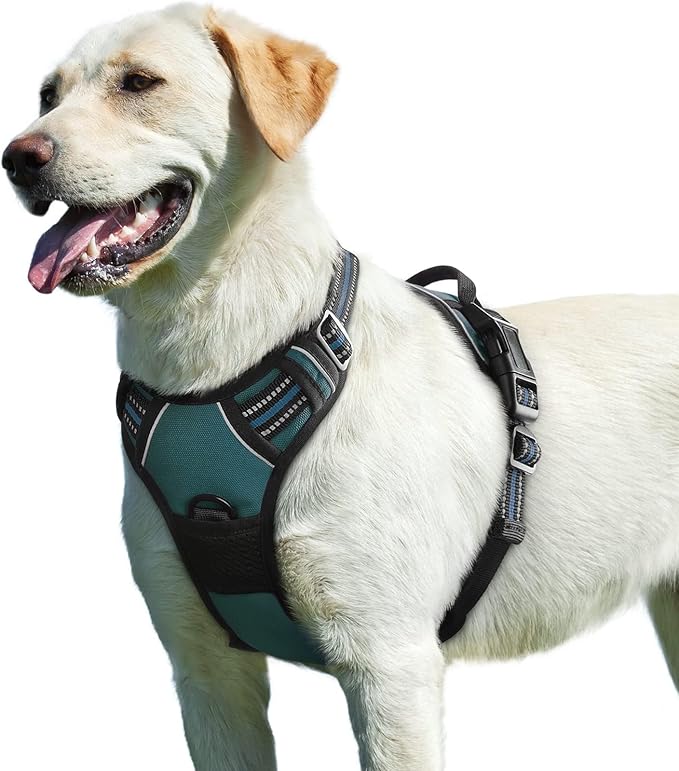 Eagloo Dog Harness for Large Dogs, No Pull Service Vest with Reflective Strips and Control Handle, Adjustable and Comfortable for Easy Walking, No Choke Pet Harness with 2 Metal Rings, Dark Green, L-Mewly Pet