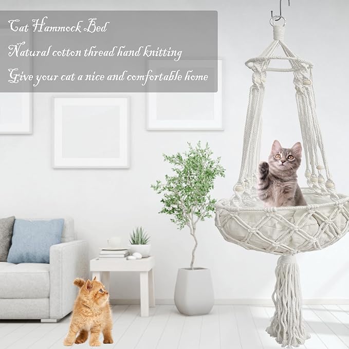 kathson Macrame Cat Hammock with Cushion,Handwoven Cats Bed,Hanging Indoor Boho Kitten Swing Beds for Playing Sleeping Climbing and Lounging(XL)-Mewly Pet