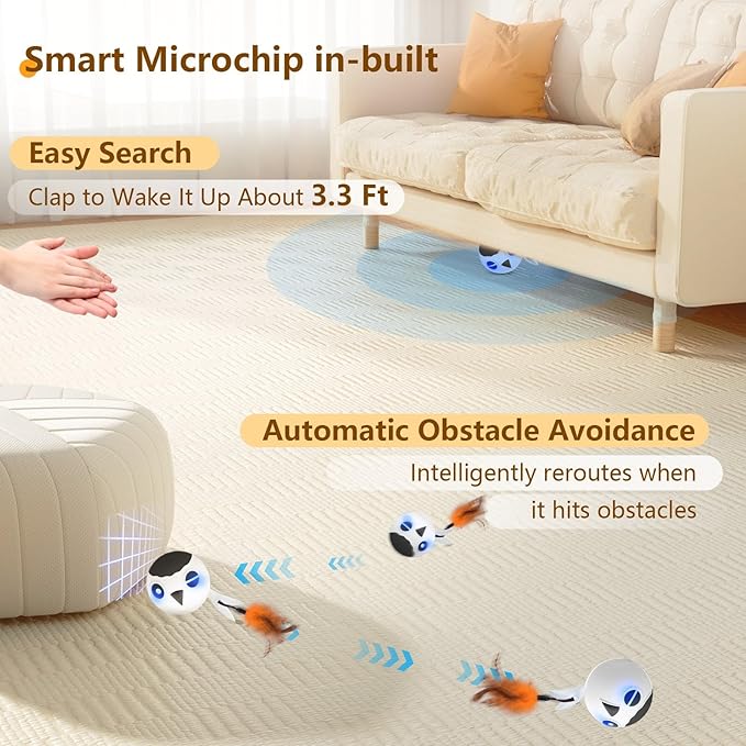 ORSDA Cat Ball Toys, Interactive Cat Toy for Indoor Bored Indoor Cats Kitten Toys, Automatic Electric Bird Moving Ball Toy, 4 Mode Voice & Touch Control Rolling Chirping Stimulating, 2 Feather Tails-Mewly Pet