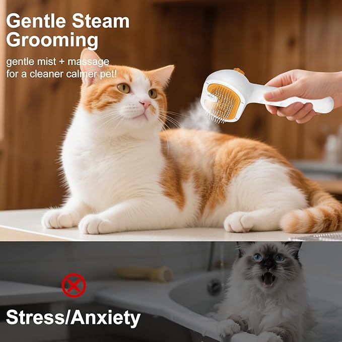 Pet Steam Brush for Dogs and Cats – 3-in-1 Pet Grooming Tool, Spray Portable Design, Suitable for Home and Travel, Ideal for Medium & Long-Haired Pets, Includes 1*Waterless Shampoo, Yellow-Mewly Pet