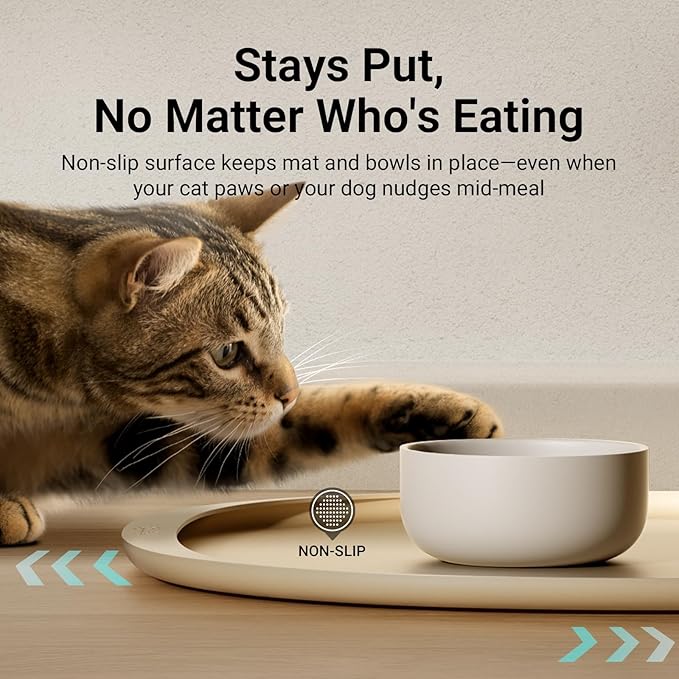 DownyPaws Dog Food Mats for Floors Waterproof, BPA Free Silcone Dog Bowl Mat, Non-Slip Pet Feeding Mat with High Raised Edge, Cat Placemat for Messy Drinkers, 18"×12.5", Almond-Mewly Pet