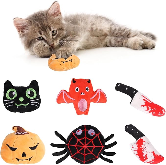 LOMIMOS 6Pcs Halloween Catnip Toys,Cat Toys Chew Bite Plush Toy with Crinkle Paper Kitten Pumpkin Spider Bat Knife for Indoor Interactive Play & Exercise-Mewly Pet