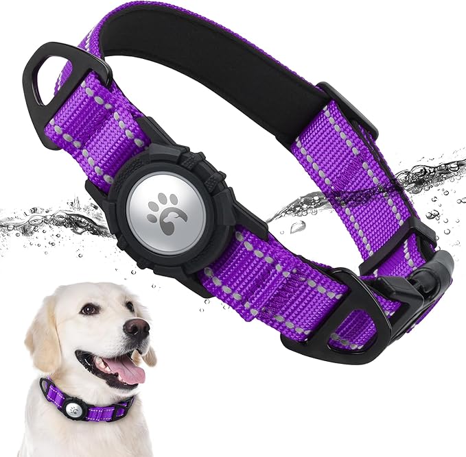 TagME Airtag Dog Collar,Waterproof Reflective Pet Collar with Airtag Holder,Soft Padded and Double D-Rings for Large Dogs,Purple-Mewly Pet
