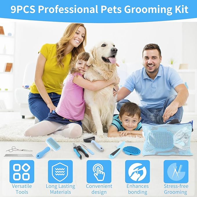 Cat Grooming Brush, 9PCS Dog Brush Kit with Pet Nail Clipper and File, Deshedding Brush for Cats, Cats Dog Shedding Brushs for Small Large Pets, Includes Flea Comb, Bath Brushs,Undercoat Rake (Blue)-Mewly Pet