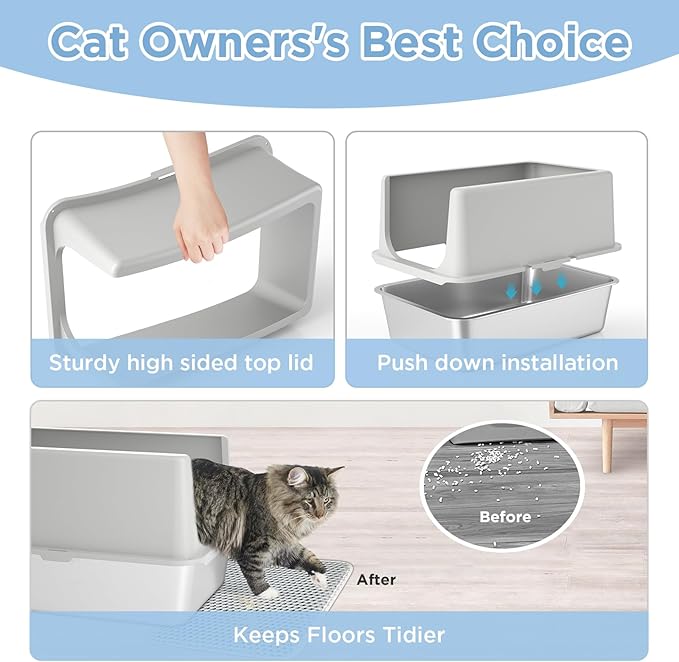 LIHONG Stainless Steel Cat Litter Box, XL Metal with Lid, Cat Litter Pan for Large Cats, Non-Sticky Large Kitty Litter Box, Anti-Leakage, 23.5" X 15.5" X 14" XXL-Mewly Pet