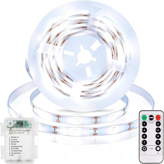 echosari 3.3FT 6000K Strip Lights Battery Operated, Tape Light with Remote 8 Modes Timer Self-Adhesive Cuttable, Strip Lights for Bedroom Cabinets Shelves TV Indoor Decor (Cool White)