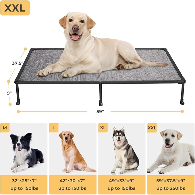 Veehoo Chewproof Elevated Dog Bed - Cooling Raised Pet Cot, Breathable Mesh, Washable & Non-Slip for Large Dogs, Indoor/Outdoor, Black Silver Mat and Black Frame, 59x37inches (Model CWC2203A03)-Mewly Pet