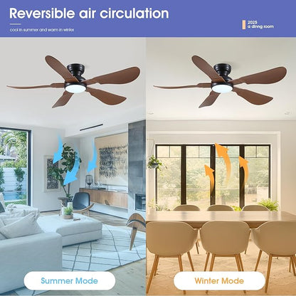 52 Inch Modern Ceiling Fans with Lights, Flush Mount Ceiling Fan with Light and Remote/APP Control, 5 Reversible 6 Speeds Curved Blades, 3 CCT Dimmable Lights for Kids Room, Brown