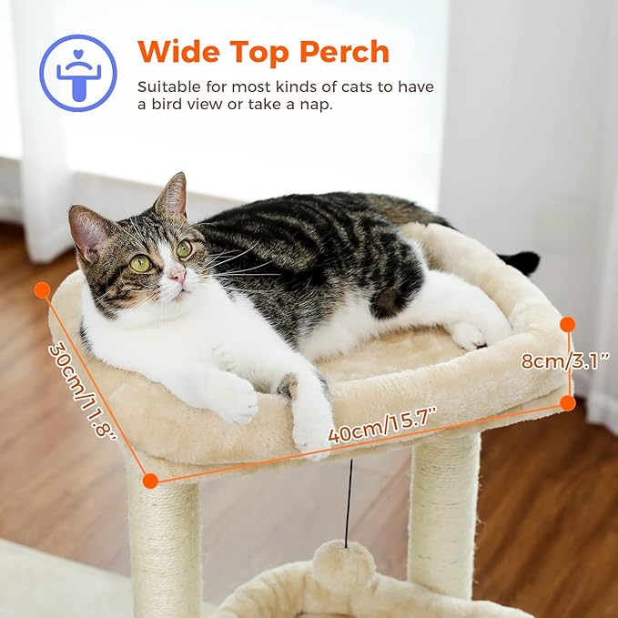 PEQULTI Cat Tree Cat Tower for Indoor Cats with Private Cozy Cat Condo, Natural Sisal Scratching Posts and Plush Pom-pom for Small Cats,Beige-Mewly Pet