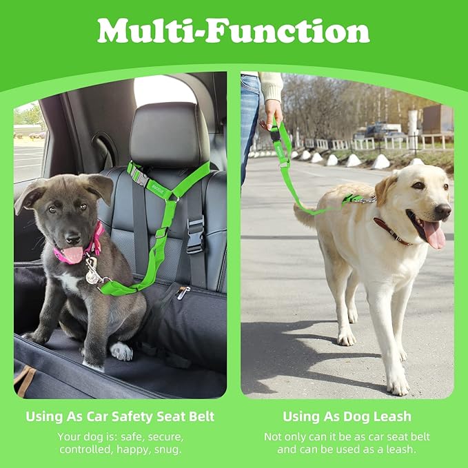BWOGUE 2 Packs Dog Cat Safety Seat Belt Strap Car Headrest Restraint Adjustable Nylon Fabric Dog Restraints Vehicle Seatbelts Harness Green-Mewly Pet