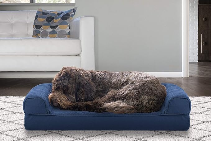 Furhaven Cooling Gel Dog Bed for Medium/Small Dogs w/ Removable Bolsters & Washable Cover, For Dogs Up to 35 lbs - Quilted Sofa - Navy (Blue), Medium-Mewly Pet