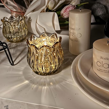 Tulip Votive Candle Holders Set of 12, Tea Light Candle Holder Glass for Table Centerpiece, Tealight Candle Holders for Wedding Déco, Birthday, Anniversary, Parties, and Holiday (Glod)