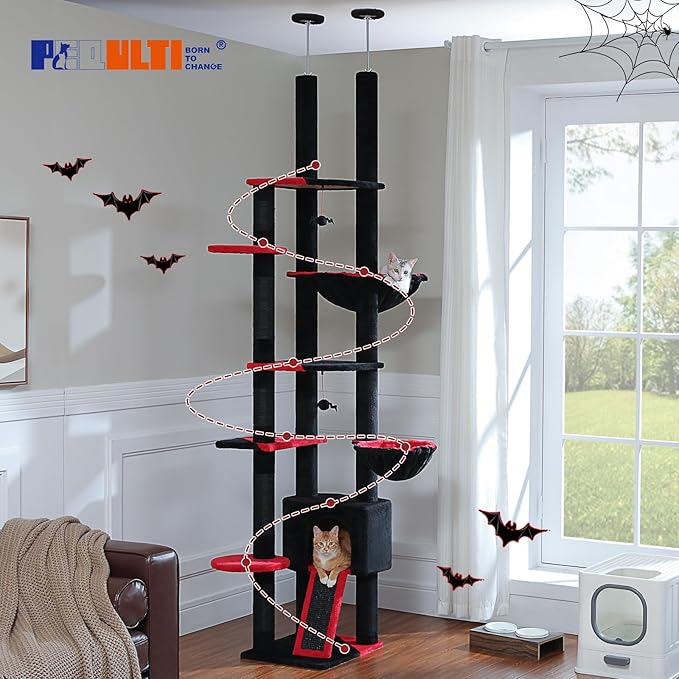 PEQULTI Tall Cat Tree, Floor to Ceiling Cat Tree Tower Adjustable [90.5''-100.4''=230-252CM] with Cat Condo, Hammock and Scratching Post, Gothic Cat Climbing Tree for Indoor Large Cats, Black-Mewly Pet