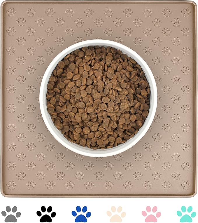 Ptlom Dog Food Mat Anti-Slip Bowl Mats for Food and Water, Waterproof Silicone Pet Placemat with High Raised Edges, Non-Slip Puppy Feeding Tray for Small, Medium Large Cats Dogs, Taupe, 11.8"x11.8"-Mewly Pet