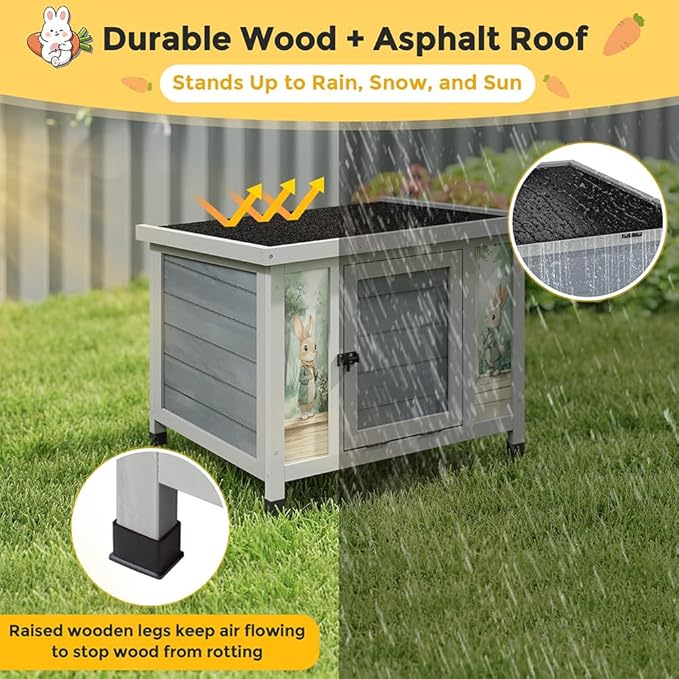 COZIWOW 24in Wooden Cat House Outdoor & Indoor Pet Shelter with Foldable Ramp - Weatherproof Rabbit Hutch with Unique Machine-Printed Art Designs for Cat, Rabbit, Guinea Pig (Grey)-Mewly Pet