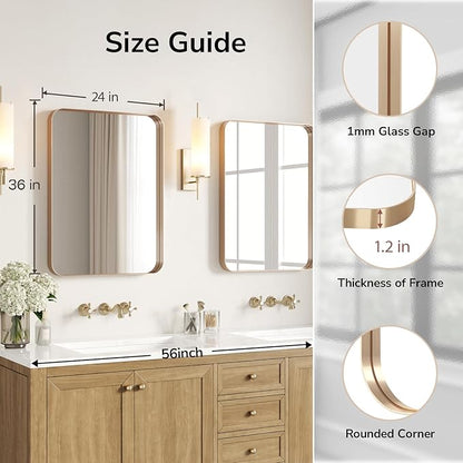 USHOWER Gold Bathroom Mirrors 24"x36" 2 Pack, Brushed Gold Rectangle Mirrors for Over Sink, Rounded Corner, Aluminum Frame, Anti-Rust, Tempered Glass, Horizontal or Vertical Mounted