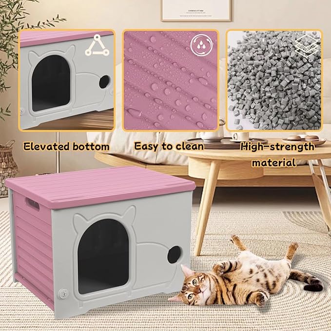 Plastic Outdoor Cat House Waterproof Feral Cat Shelter (Pink)-Mewly Pet