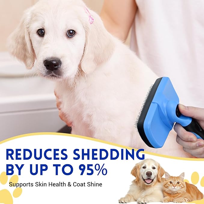 Large Self Cleaning Deshedding Brush for Dogs & Cats - One Button Hair Release Grooming Tool, Gentle Massage Brush for Long and Short Hair (Blue)-Mewly Pet
