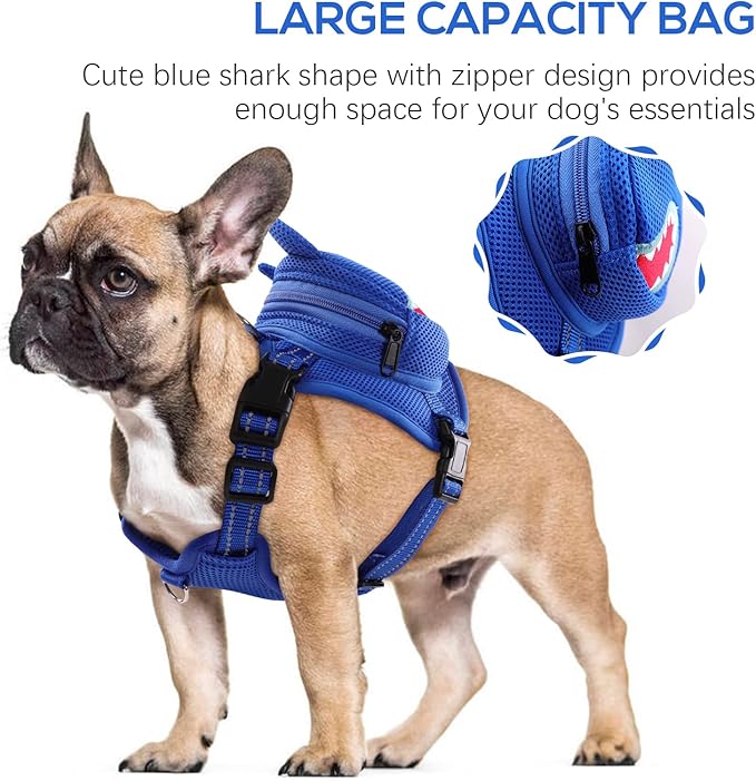 IDOMIK Dog Backpack Harness, No-Pull Dog Backpack with D-Ring for Small Medium Dogs, Cute Self Carrier Backpack for Dogs to Wear, Adjustable Dog Harness Backpack for Traveling Camping Hiking,Shark,S-Mewly Pet