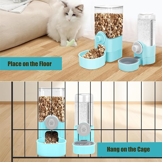 GPY Automatic Hanging Gravity Pet Feeder and Water Dispenser Set ，Automatic Dog Feeder and Dog Water Dispenser for Dogs Cats Pets Animals Large Capacity (Blue Water Feeder&Food Feeder) (Blue)-Mewly Pet