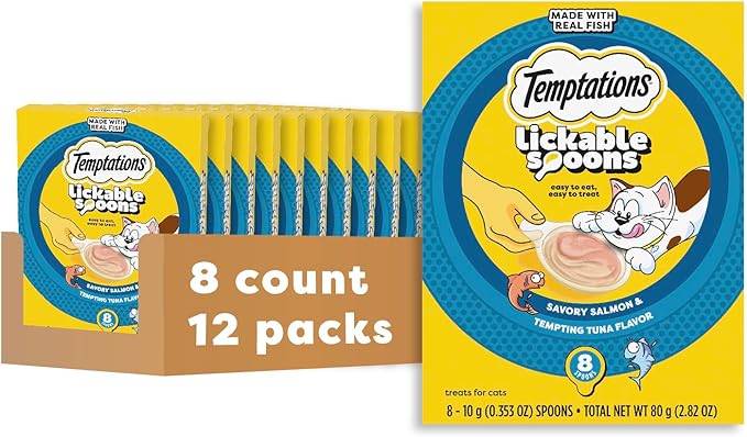 Temptations Lickable Spoons Adult Wet Cat Treat, Savory Salmon and Tempting Tuna Flavor, 8 Spoons, Pack of 12 (96 Total)-Mewly Pet
