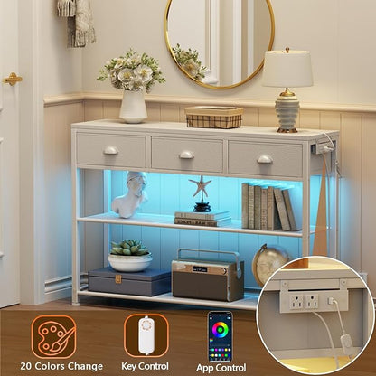 Furologee 38in Console Table with 3 Drawers, Small Sofa Table with Lights and Power Outlets, Hallway Tables with 3-Tier Shelves, White Narrow Console Table for Entryway, Living Room, Couch, Foyer
