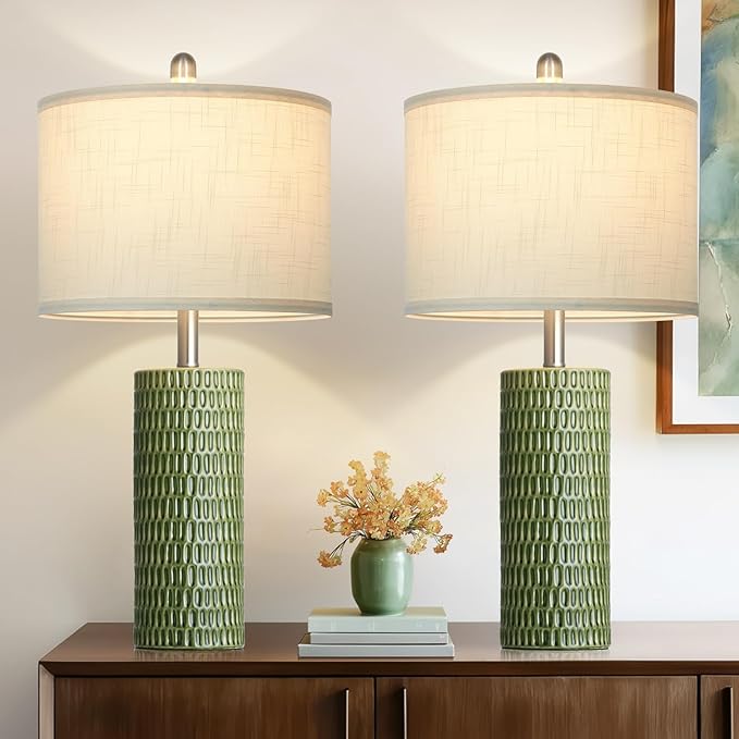 Modern Ceramic Table Lamps for Night Stands - Bedside Lamps Set of 2 for Nightstand, 27" Green Elegant Bedroom Lamp for Night Stand Desk Side End Table Home Decor(2 Bulbs Included)