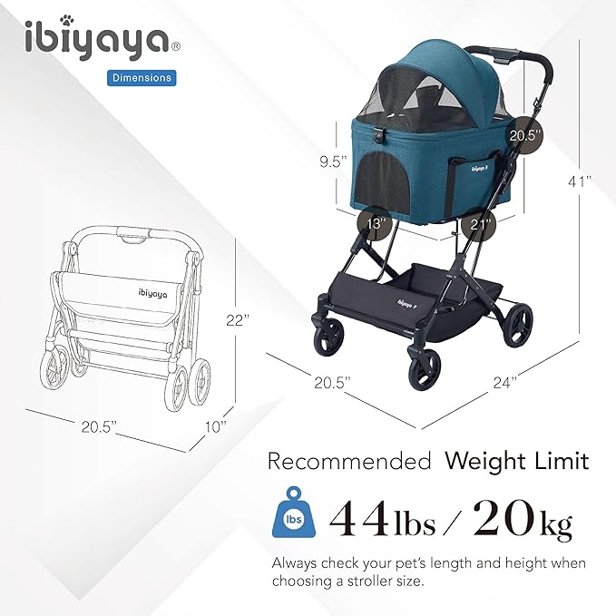 ibiyaya Essential – Travois Tri-Fold Pet Travel System for Medium Dogs, Cats, and More, 3 in 1 Dog Stroller with Detachable Carrier, XL Cabin (Nautical Blue)-Mewly Pet
