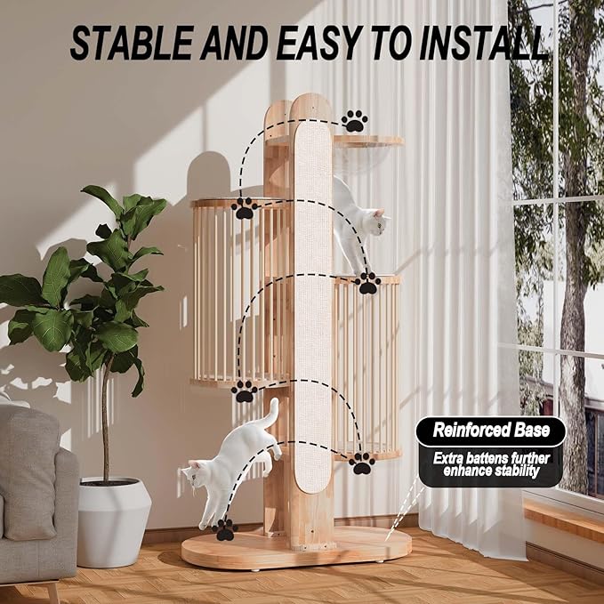 Modern Cat Tree Tower for Indoor Cats, 67" Tall Solid Wooden Cat Tower with Scratching Posts, 6 Level Natural Luxury Cat House with Big Bed, Washable Cushions Cat Furniture for Large Cats White-Mewly Pet