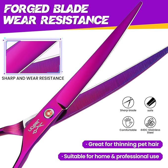 JASON Curved Shears for Dogs - 7.5" Pet Grooming Scissors with Ergonomic Handle Japanese Stainless Steel Trimming Scissor for Dogs, Cats and Other Pets, Sharp (Up-Curved, Purple)-Mewly Pet