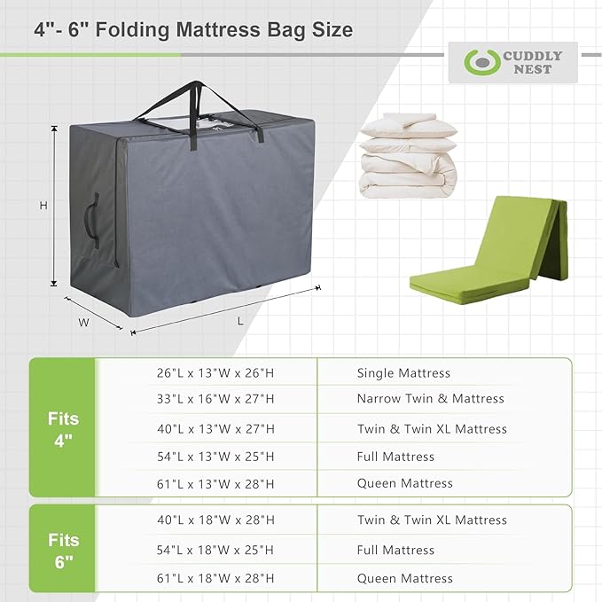 Cuddly Nest Folding Mattress Storage Bag - Heavy Duty Carry Case for Tri-Fold Guest Bed (Fits 6" Queen Mattress,Grey)