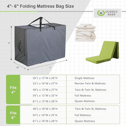 Cuddly Nest Folding Mattress Storage Bag - Heavy Duty Carry Case for Tri-Fold Guest Bed (Fits 6" Twin & Twin XL Mattress,Grey)