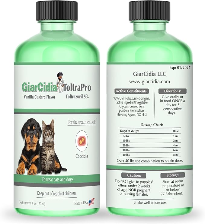 Toltrazuril 5.0% for Cats and Dogs - 120mls / 4oz- Vanilla Flavour - Giarcidia Toltra Pro-Mewly Pet