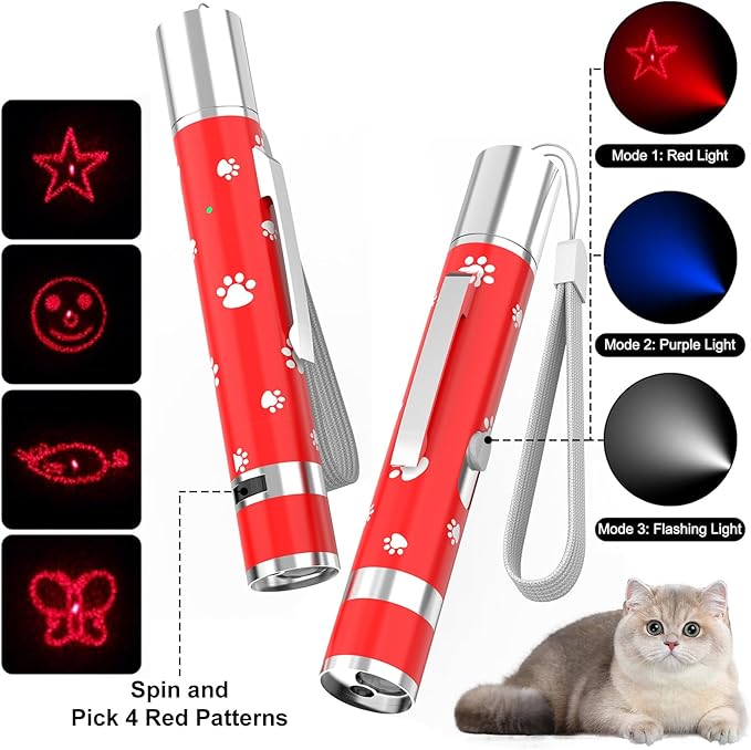EAWONGEE Cat Toys, Rechargeable Interactive Toy for Cats with 7 Light Projection Modes, Indoor Kitty Pet Dog Toy for Training Chaser, 2 PCS Red-Mewly Pet