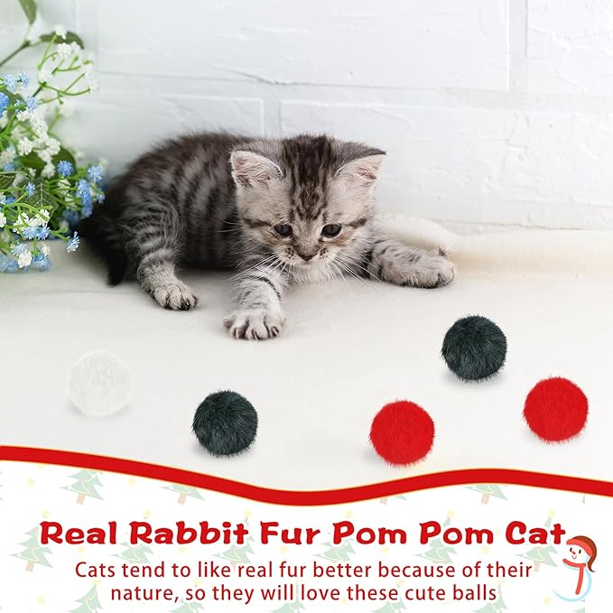 LEIFIDE 12 Pieces Real Rabbit Fur Pom Pom Kitty Cat Toy Fluffy Cat Balls Soft Fuzzy Balls for Kitty Pets Kitten Chase Quiet Play, 3 Inches in Diameter(Red,White,Green)-Mewly Pet