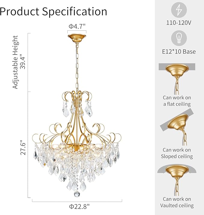 WUZUPS Crystal Chandelier 10-Light Pendant Ceiling Light Modern Lighting Fixture for Dining Room Hallway Bedroom Kitchen Bathroom, H 27.6" x W 22.8", E12 Base, Gold