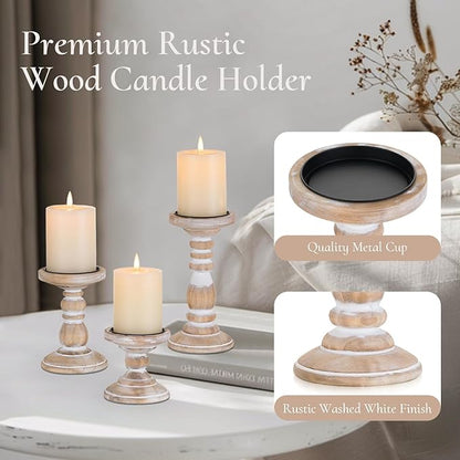 Wood Pillar Candle Holder: 3Pcs Rustic White Candle Holders for Pillar Candles Wood Candle Holders Distressed Wooden Farmhouse Candle Holder Large Rustic Candle Holder for Fireplace Table