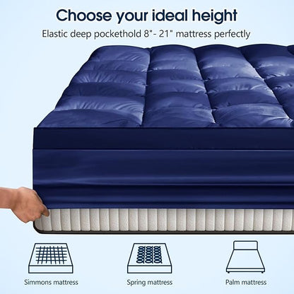 Mattress Topper Short Queen Size, CYMULA PillowTop Mattress Pad Cover for Bed Back Pain, Cooling Mattress Protector Extra Thick Firm Soft Floor Fill Overfilled with 8-21 Inch Deep Pocket, 60"x75"Navy