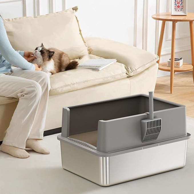 28" Extra Large XXL Stainless Steel Cat Litter Boxes with Lid Metal Cat Litterbox Pan for Big Cats and Multiple Cats, Anti-Leakage, Easy Cleaning, Include Scoop-Mewly Pet