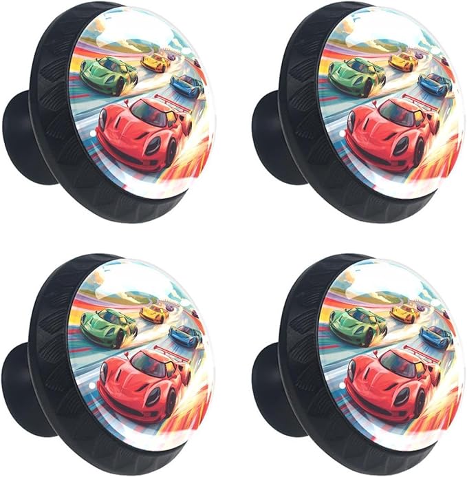 Race Cars with Colorful Racing Track Pattern Kitchen Cabinet Knobs, Decorative Dresser Knobs with Screws Pulls Handles Hardware Drawer Knobs for Home Furniture, 4 Pack