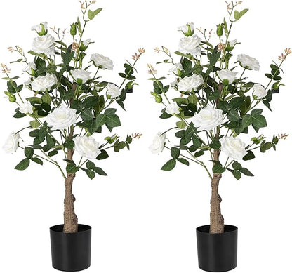 Artificial Rose Flower Trees 2 Pack- 38’’ Lifelike Plant in Pot with White Flowers Decorative Rose Trees for Home, Office, Wedding, and Event Decor, White