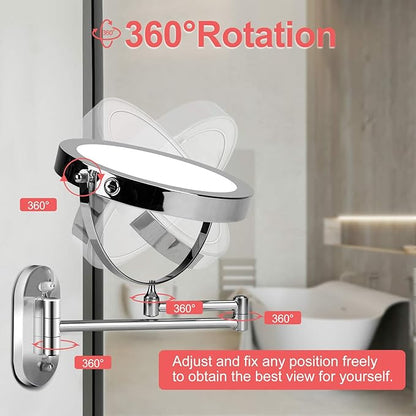 Rechargeable Wall Mounted Lighted Makeup Vanity Mirror 8 Inch Double Sided 1X 10X Magnifying Bathroom Mirror, 3 Color Lighting, Touch Screen Dimming, Extended Arm 360 Rotation Shaving Light up Mirror