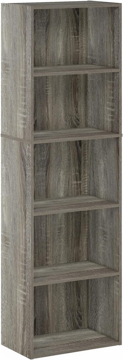 Furinno LUDER Book Shelf, 5-Tier Bookshelf, Bookcase, 9.4" x 15.8" x 52", for Living Room, Bedroom, Home Office, French Oak