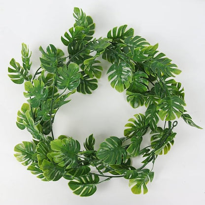 RECUTMS 4Pcs Artificial Monstera Leaves Vines, 5.9FT Fake Hanging Plant Ivy Faux Tropical Palm Leaf Greenery Garland for Garden Porch Patio Jungle Luau Beach Birthday Party Indoor Outdoor Spring Décor