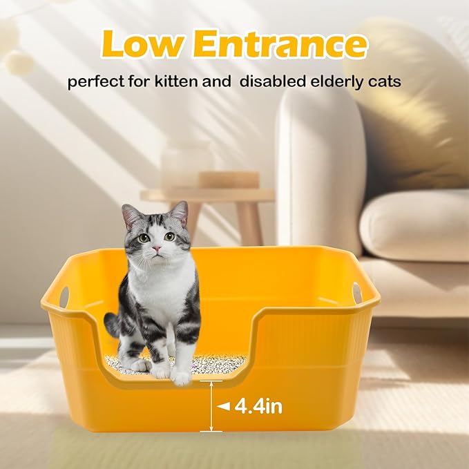 Large Low Entry Litter Box with High Sides,Plastic Cat Litter Pan Open Top Anti-Splashing Kitten Litter Box,Yellow Low Entrance Cat Toilet Easy to Clean-Mewly Pet
