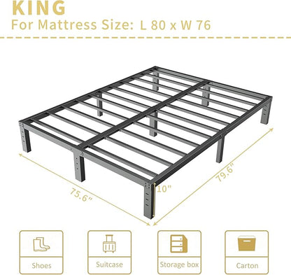 ALDRICH 10 Inch Metal King Size Bed Frame - Double Black Basic Steel Slats Platform, Easy Assembly Heavy Duty Noise Free Bedframes, No Box Spring Needed