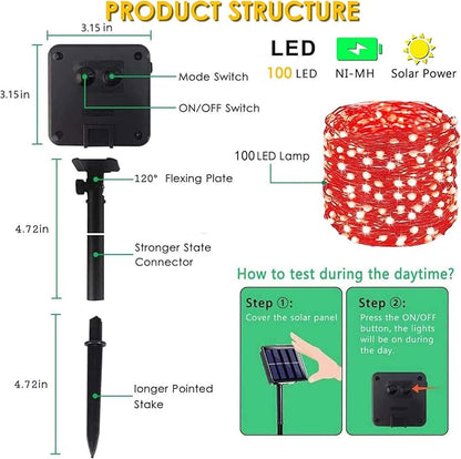 Solar String Lights Outdoor, 2-Pack Total 80FT 200 LED Solar Christmas Twinkle Lights Outside Waterproof Copper Wire 8 Modes Solar Fairy Lights for Garden Tree Party Birthday Christmas Decor (Red)