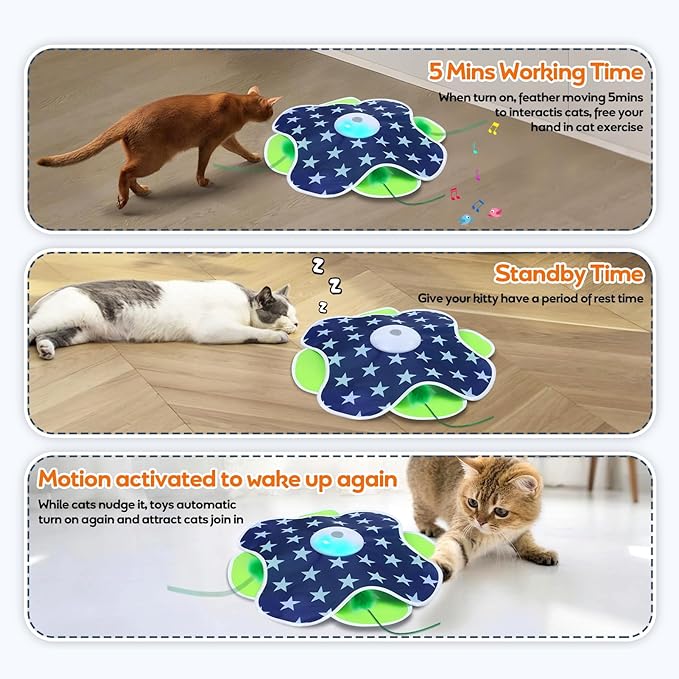 Interactive Cat Toys Auto Moving Feather Concealed in Mat,Motion Activated Cat Toys with Mouse Squeaky, Cat Exercise Toys for Bored Cats-Mewly Pet
