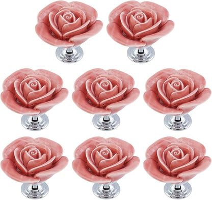 8PCS 1.57" × 1.3" Ceramics Peach Rose with Base Knobs Flower Shaped Pulls for Cupboard Drawer with 2 Kinds of Screws