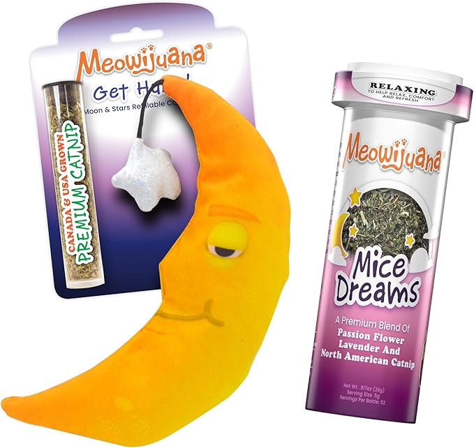 Meowijuana Sleepy Time Bundle | Get Hung Refillable Moon and Stars Toy and Mice Dreams Catnip Blend | Promotes Play and Cat Health | Includes North American Organic Catnip-Mewly Pet